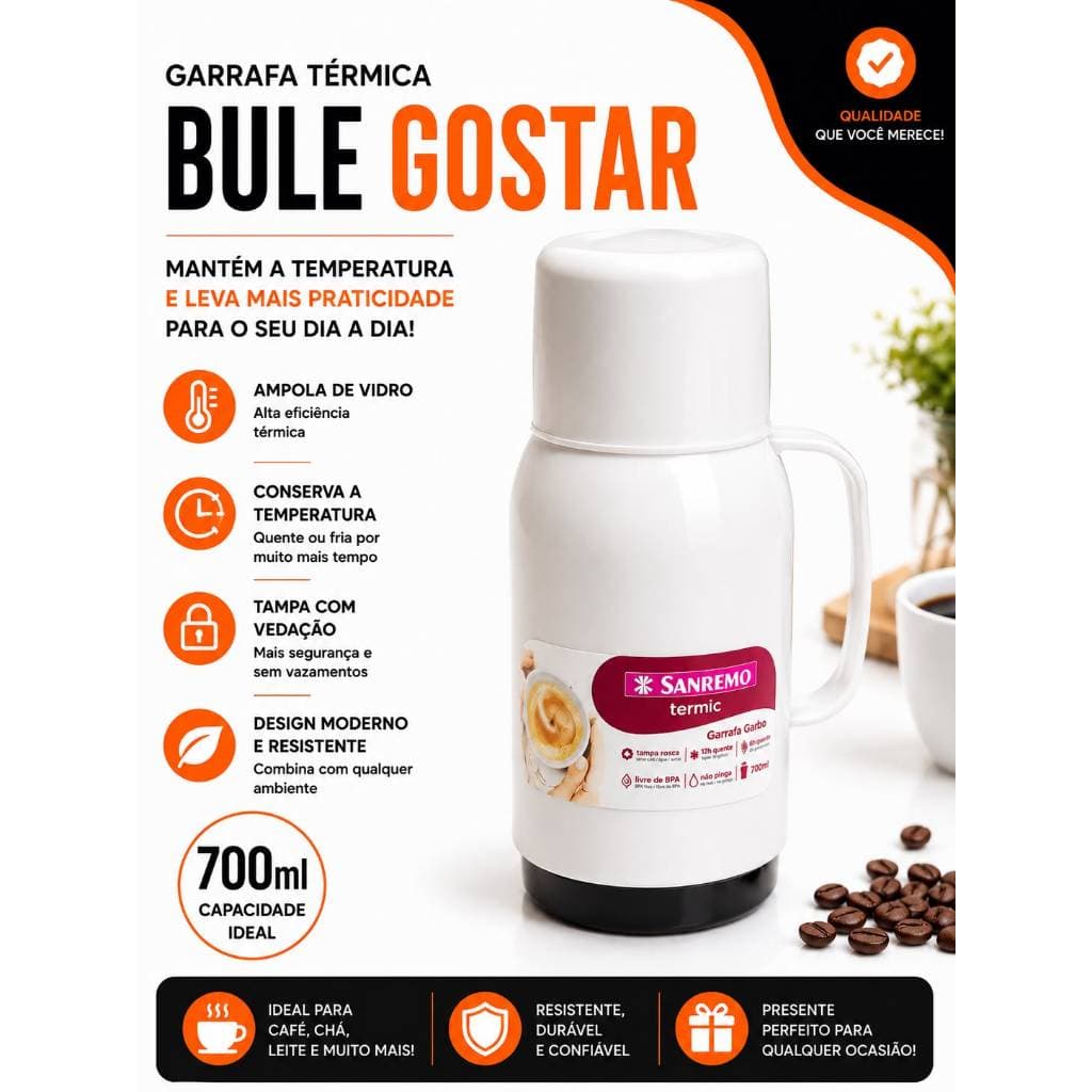 Garrafa Térmica Sanremo Bule Gostar 700ml – Café e Chá – Conserva Quente e Frio – Tampa com Vedação