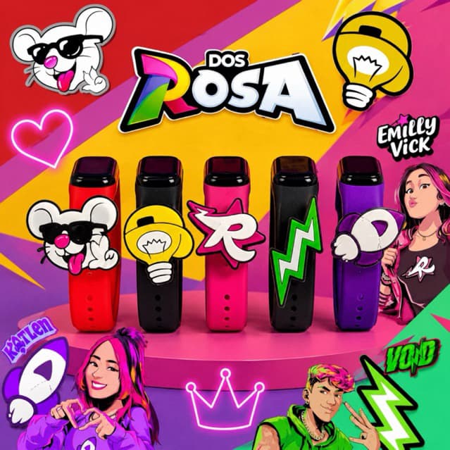 Relógio Infantil LED Digital Grupo dos Rosa Emilly Vick com Pin 3D Colorido Ajustável Menino e Menina