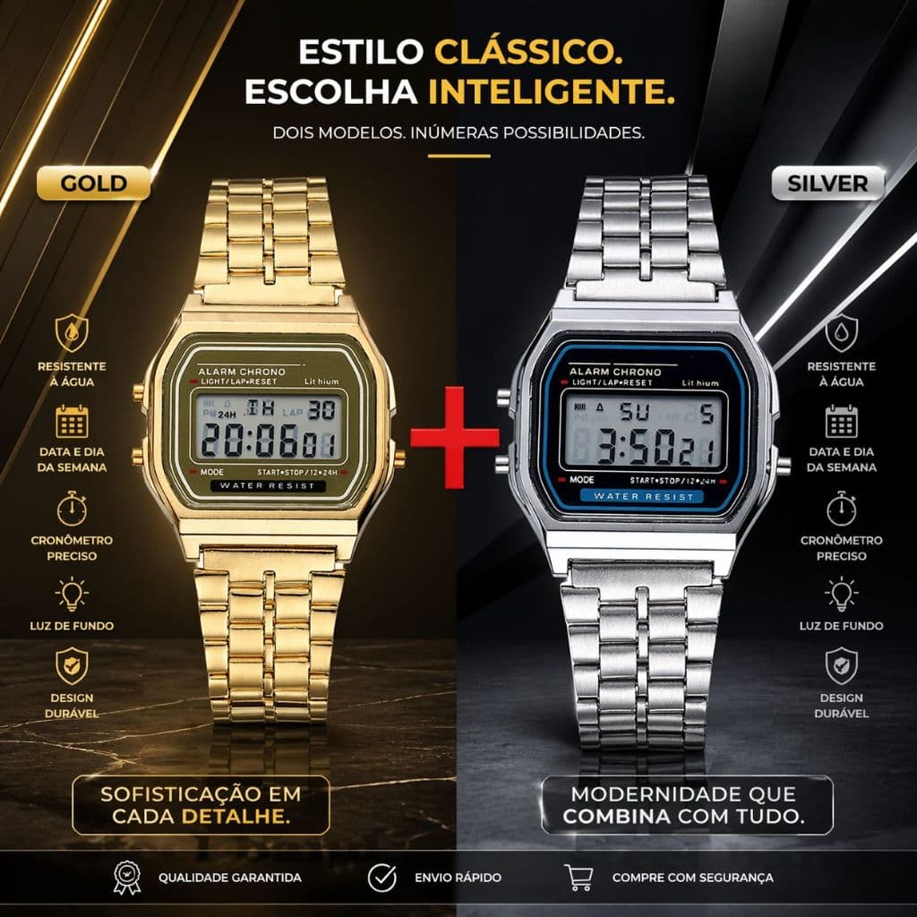 KIT Relógio Digital Unissex Pulseira de Aço Inoxidável Tela LED Brilhante