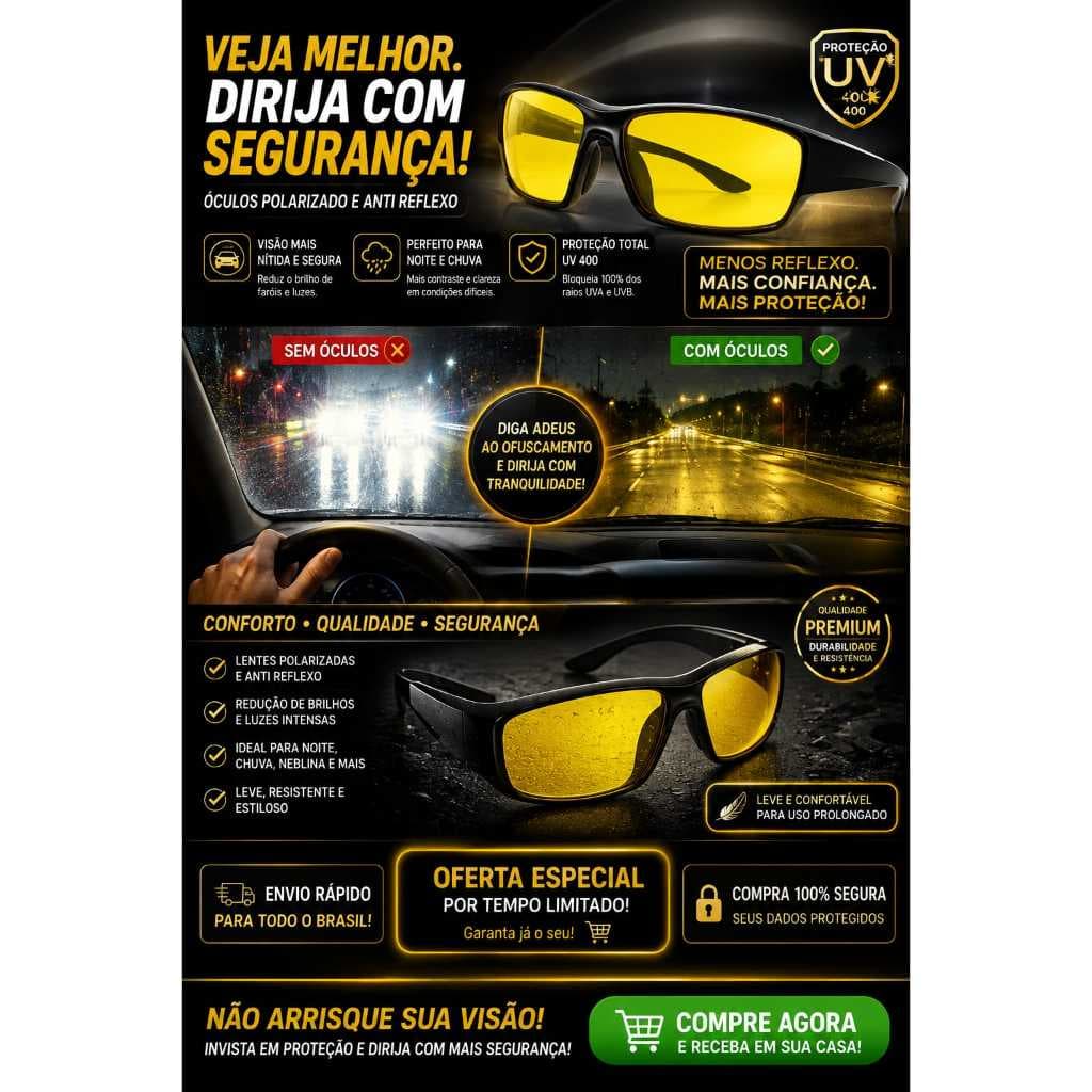 Oculos Para Dirigir a Noite ou na chuva Polarizado e Anti Reflexo E Com Proteção UV 400