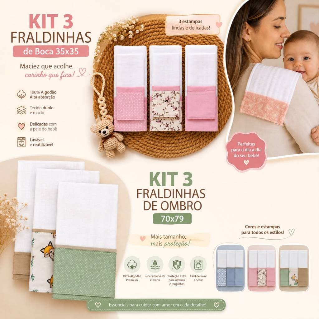 Kit 6 Fraldas de Boca Bebê 100% Algodão Tricoline Enxoval Maternidade