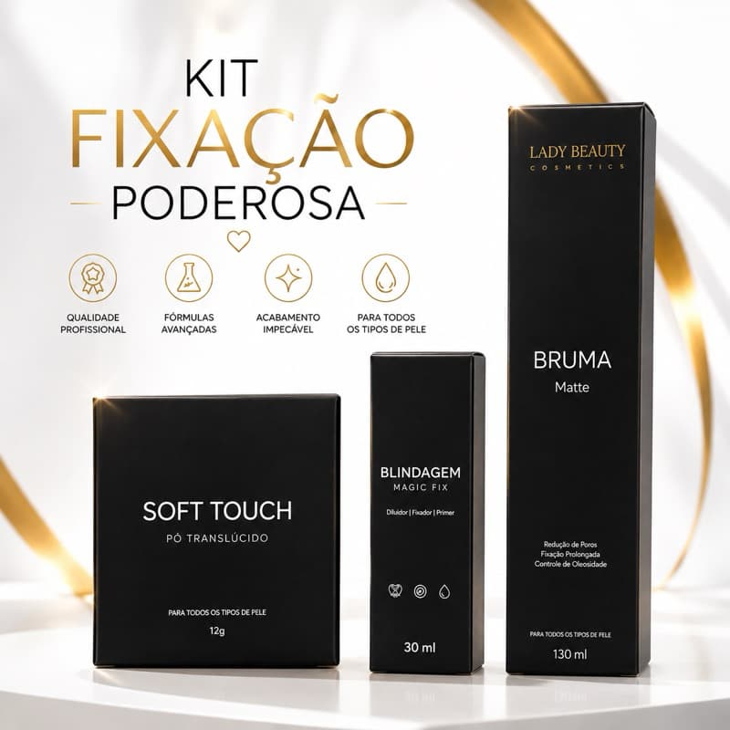 Kit Make Máxima Fixação| Pó Translúcido | Bruma Matte Fixadora 130 ml| Blindagem Poderosa 30ml Acabamento Profissional