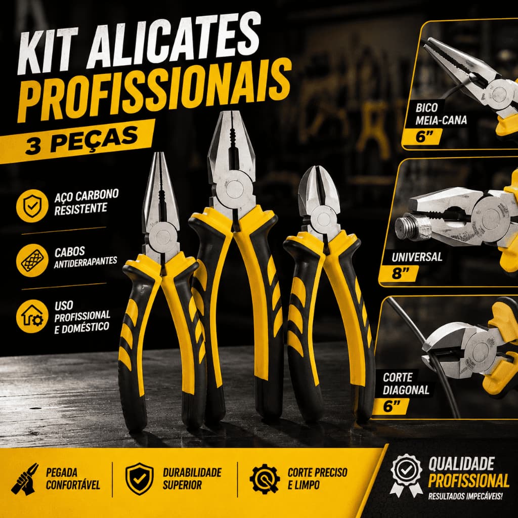 Kit 3 Alicates Profissionais Universal Corte Diagonal Bico Fino Aço CR-V 6/8 Pol