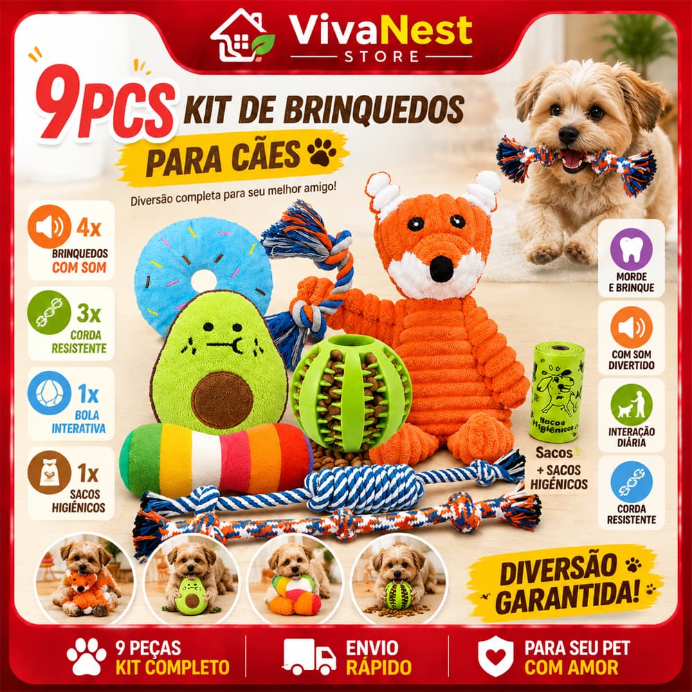 Kit 9/25 Brinquedos para Cachorros, Mordedor com Corda e Apito, Resistente, Anti Estresse