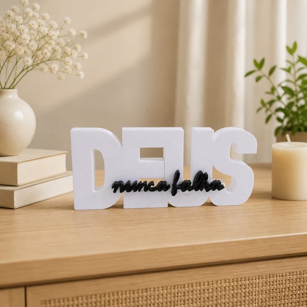 Letreiro Decorativo Deus Nunca Falha Enfeite Religioso para Decoração Sala Rack Estante Mesa Prateleira Casa Escritório