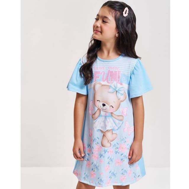 Vestido Infantil Cinti Azul Bebê com Estampa de Ursinha e Detalhe nas Costas