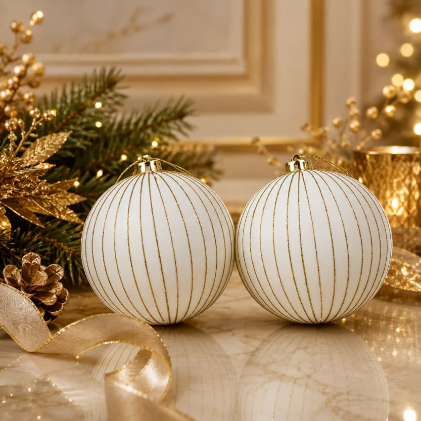 Bola de Natal Branca Listras Douradas E Glitter 2 Peças Luxo Arvore de Natal Decoração de Luxo