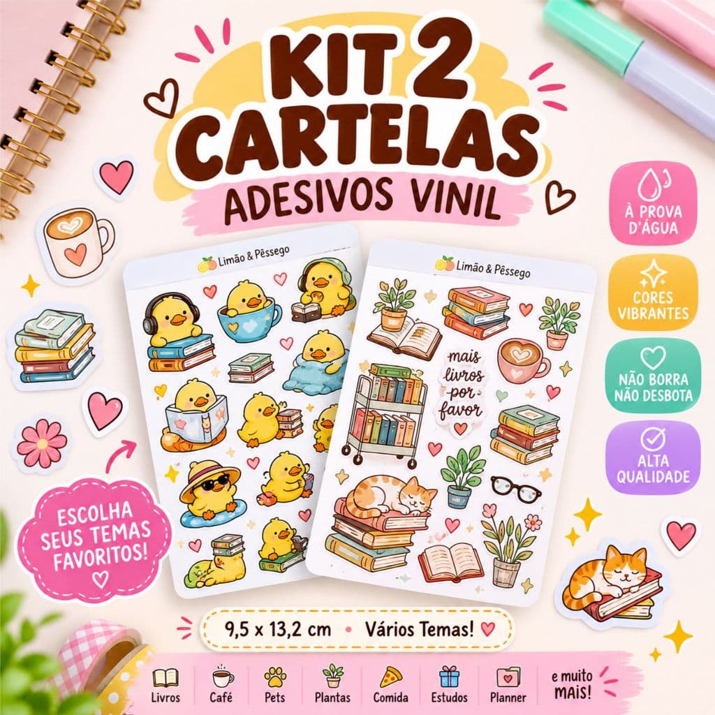 kit 2 Cartelas de Adesivos Vinil à Prova d'Água Planner Scrapbook Bullet Journal Kawaii Infantil