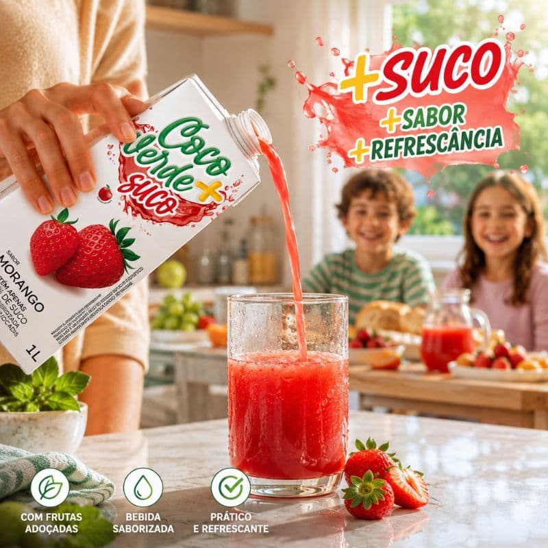 Suco Coco Verde + 1L Uva Caju Maracujá Laranja Morango Pêssego Bebida Refrescante 1 Litro