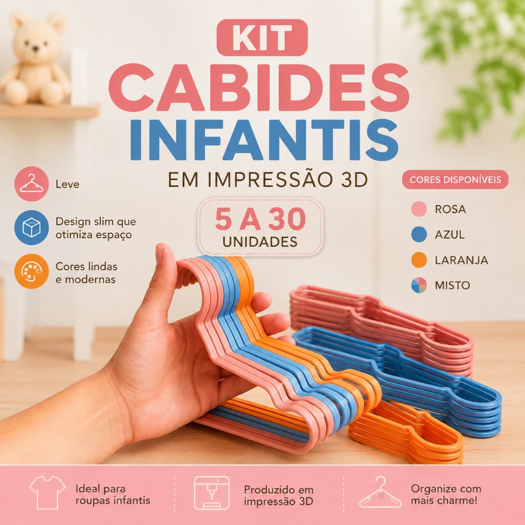 Kit Cabides Infantis Coloridos em Impressão 3D | Organizador de Roupas Infantil | 5 a 50 Unidades