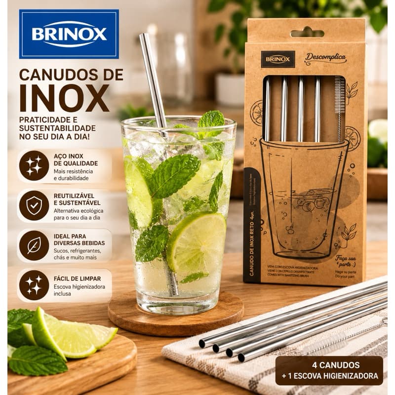 Kit 4 Canudos Inox Brinox Reutilizáveis com Escova de Limpeza Aço Inox