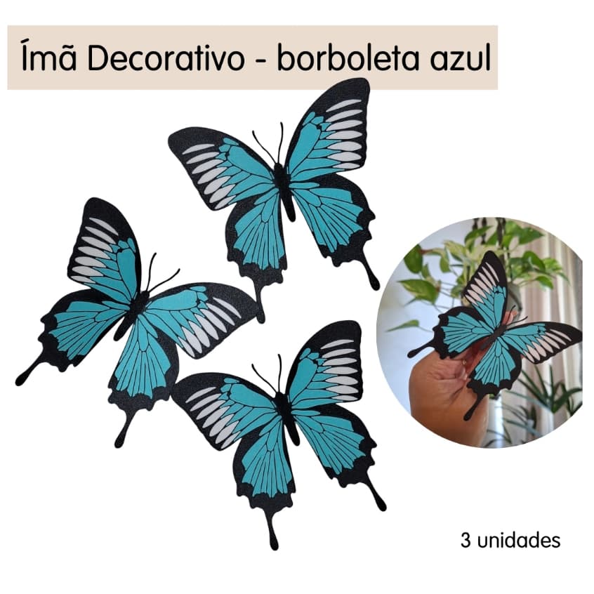 Ímã decorativo - 3 peças | modelo borboleta azul imantado | Ímã de geladeira | Painel imantado