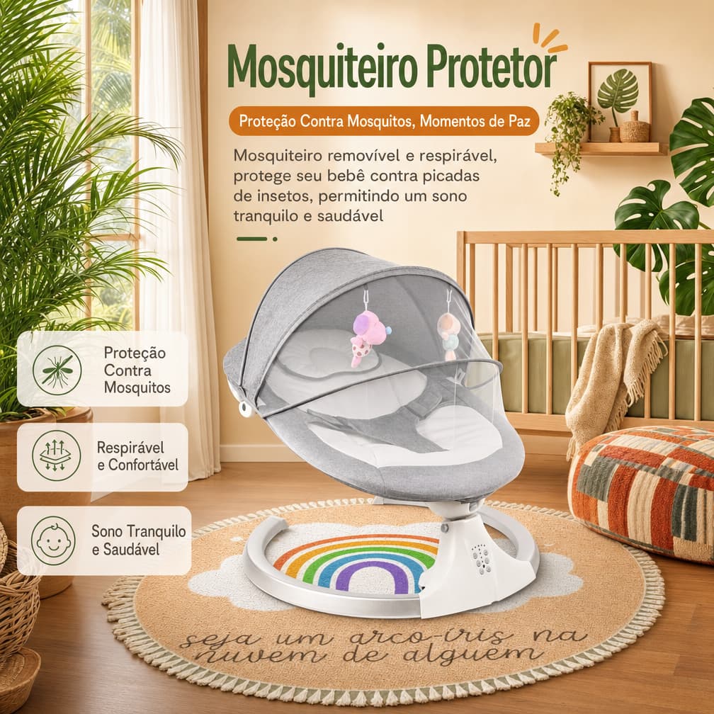 Berço Baby Cinza com Mosquiteiro, Balanço Elétrico Multifuncional para Bebê, Berço Portátil com Rede Mosquiteira