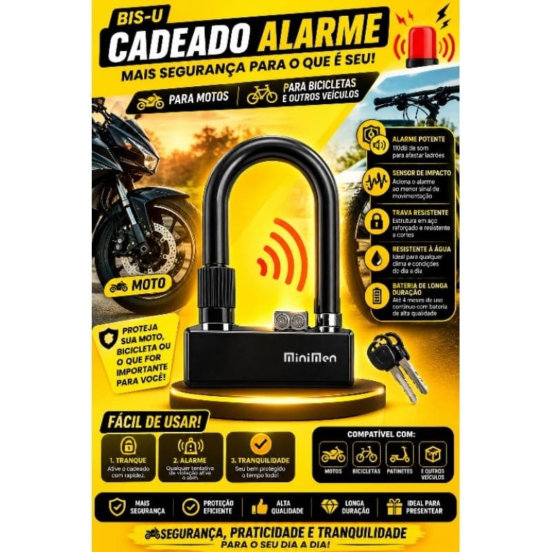 🔐 Cadeado Antifurto Com Alarme - Trava U Lock Moto Bicicleta Portão Segurança Reforçada