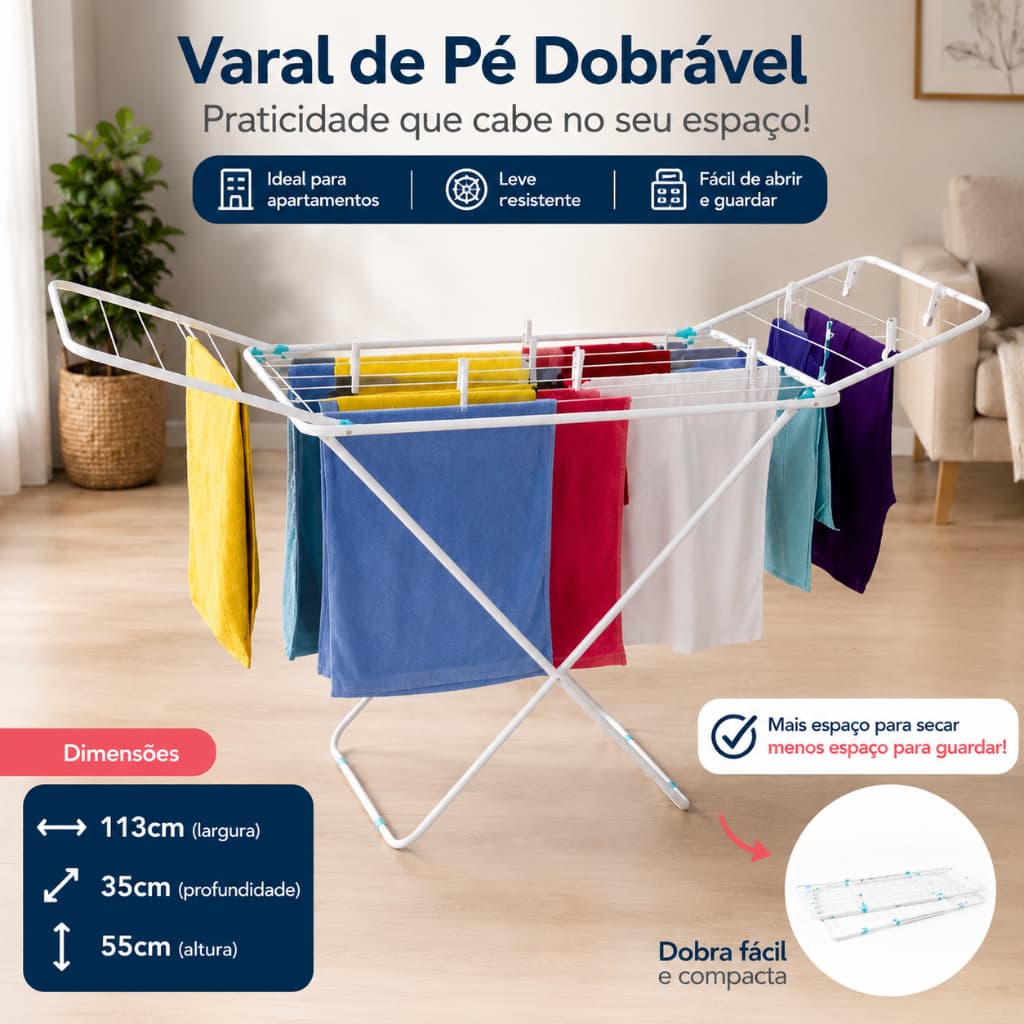 Varal De Chão Reforçado C/abas Dobrável Retrátil Slim Mor Cor Branco