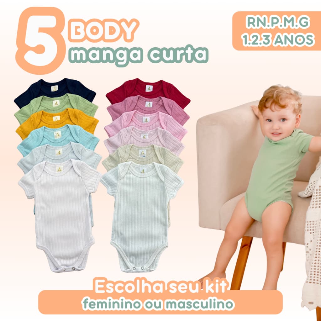 Kit 5 Bodys Bebê Manga Curta Canelado Comfort 100% Algodão Cores Feminino Masculino RN.P.M.G 1.2.3 anos Zuraffa Baby