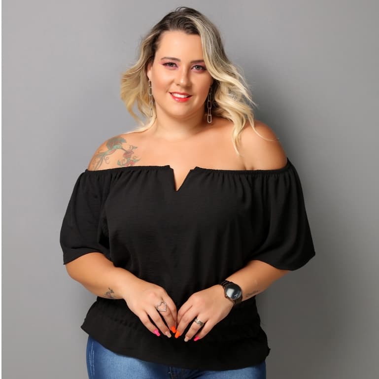 Blusa Plus Size Ciganinha Feminino Cropped Lastex/COD:B21