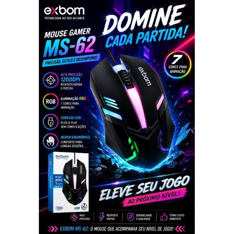Mouse Gamer Exbom 7 Cores MS-62 RGB 1200 DPI USB Óptico – Iluminação LED, Mouse para PC e Notebook
