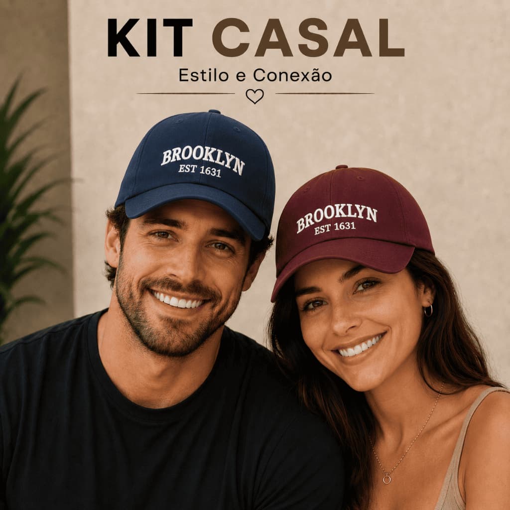 Kit Casal 2 Bonés Brooklyn Beisebol Retrô Bordado Unissex Algodão Regulagem Macio Estiloso