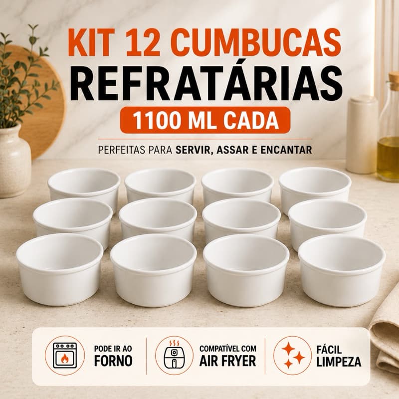 Kit 12 Cumbucas Bowl Tigela 1100ml Porcelana Refrataria Branca Forno e Mesa Ideal Para Servir