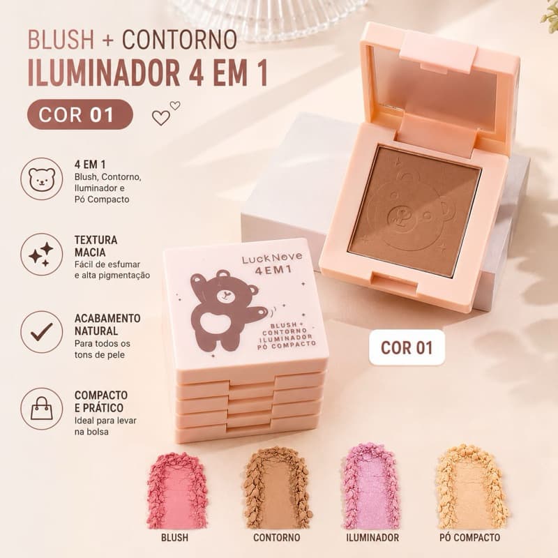 Mini Quarteto Paleta 4 em 1 com Blush Contorno Iluminador e Pó Facial + Espelho- Lua e Neve