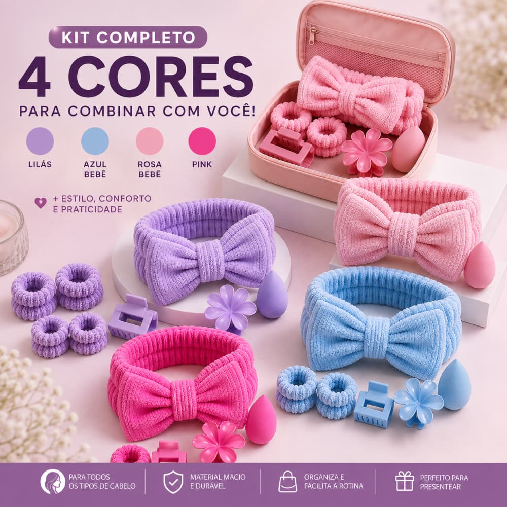 Kit Maquiagem e Beleza Feminino com Faixa, Esponja e Acessórios para Cabelo – Kit Skincare