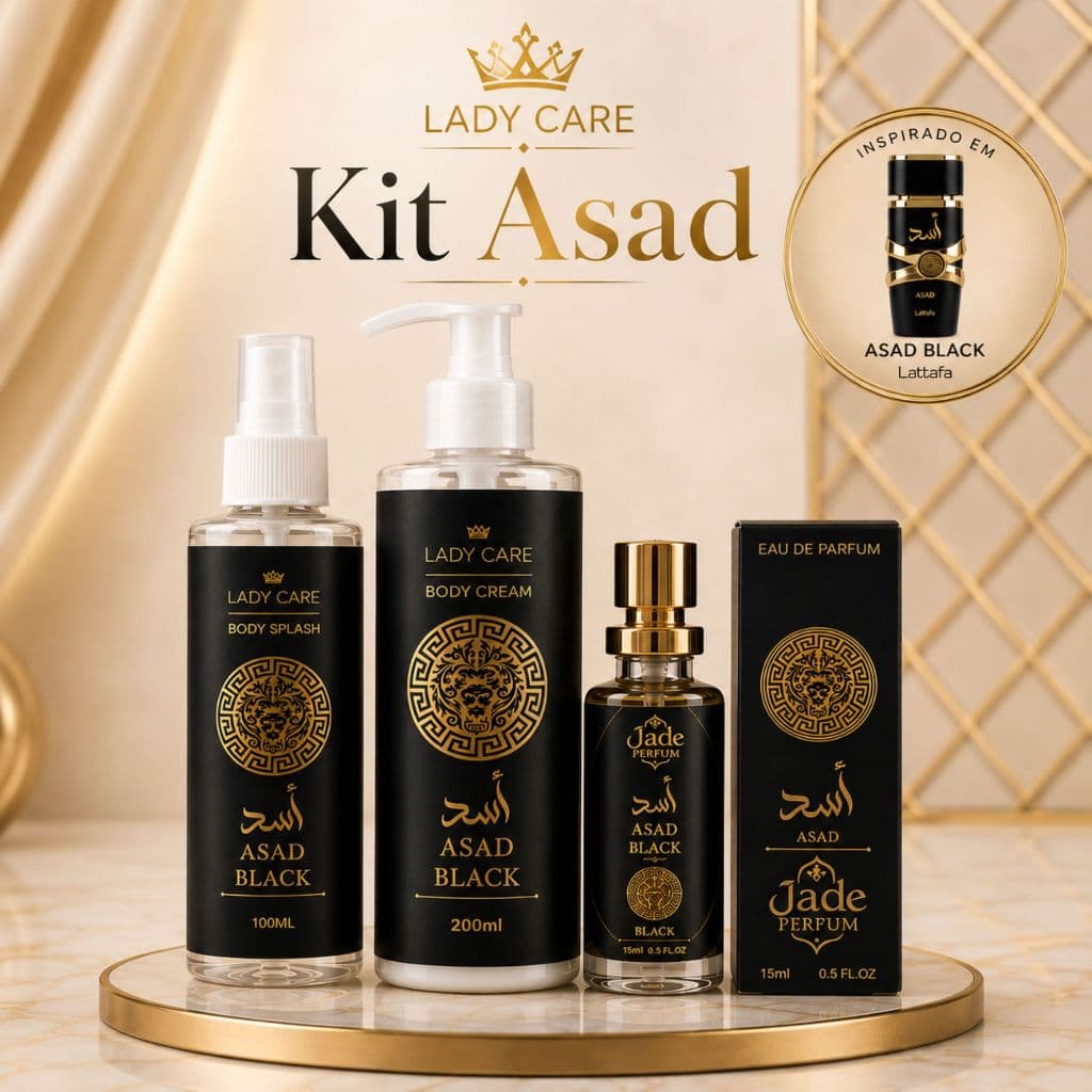 Kit Asad Black Masculino Lady Care – Body Cream 200ml + Body Splash 100ml + Perfume 15ml | Perfumado