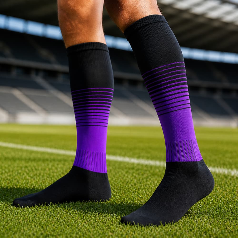Kit 2 Pares Meião de Futebol Atoalhado Degradê Preto Com Roxo 38 ao 44