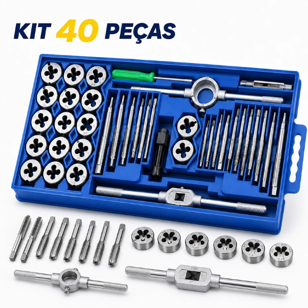 Kit 40 Peças Tarraxas e Machos Macho/Fêmea - Jogo para Abrir e Reparar Rosca em Aço de Alta Qualidade