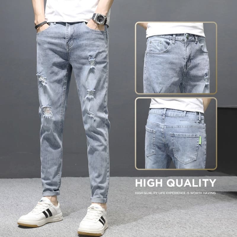 Calça Jeans Masculina Slim Rasgada Algodão Elastano Desgastada Azul