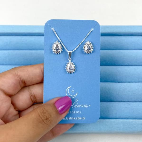 Conjunto Colar e Brinco Gota Cristal - Banhado a Prata - Brilhoso Zircônia Festa Casamento Formatura