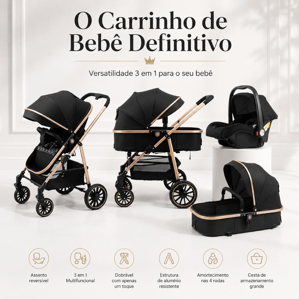 Carrinho de Bebê 3 em 1 Reversível e Reclinável com Moisés e Bebê Conforto
