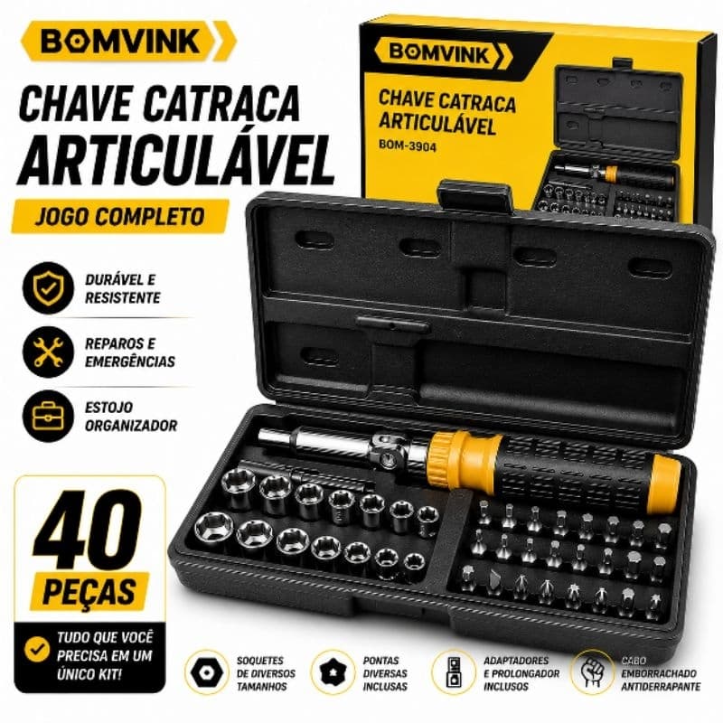 "Kit Chave Catraca Articulável 40 Peças Profissional com Soquetes e Bits + Maleta Bomvink BOM-3904"
