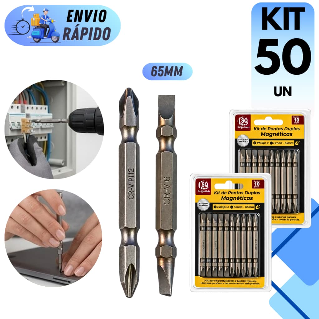 KIT PONTA BITS DUPLA MAGNÉTICO PARA PARAFUSADEIRA 65mm PHILIPS E FENDA PARA PARAFUSADEIRAS
