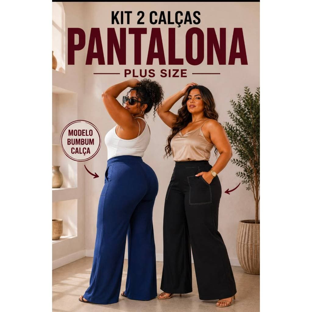 Kit 2 Calças Feminina Pantalona Plus Size Social com Bolsos Elegante GG, G1, G2, G3, G4 Curvy + Pantalona