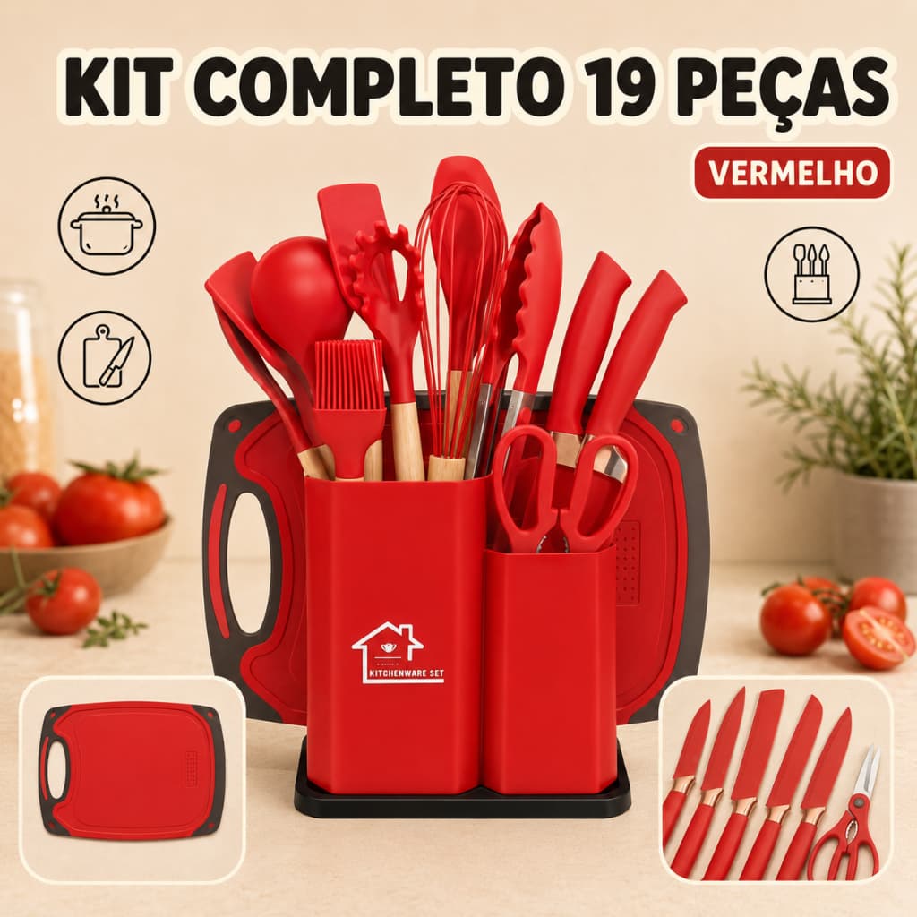 Cozinha Segura e Completa! Kit de Utensílios 19 Peças com Facas, Tábua e Suporte +kit cozinha +facas +utensílios +tábua.