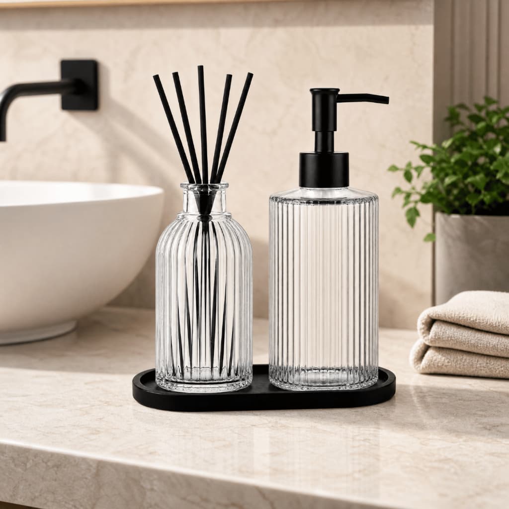 Kit Lavabo Vidro Canelado 3 Peças Dispenser Sabonete Líquido Difusor e Bandeja Premium Com Varetas