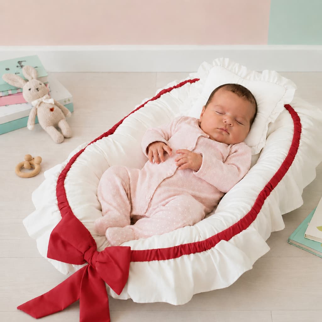 Ninho Redutor De Berço Para Bebe Com Laço E Travesseirinho MENINAS várias cores e temas Branco/Vermelho