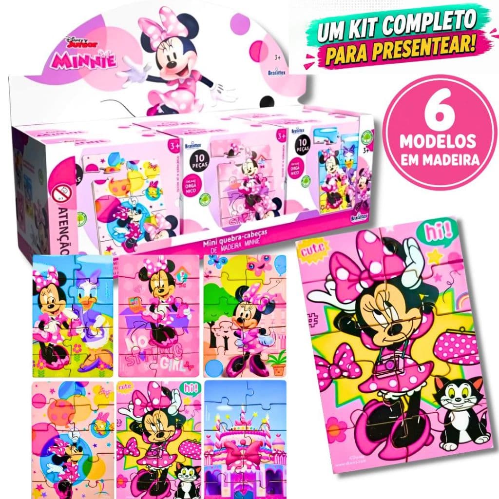 Kit 6 Quebra Cabeça Minnie Rosa Disney Madeira MDF Infantil Educativo Puzzle Jogo para Criança