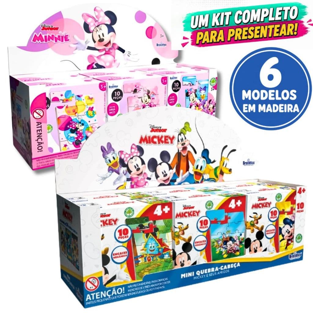 Kit Mickey Minnie 6 Quebra Cabeça Infantil Em Madeira Para Criança Jogo Educativo Presenteável