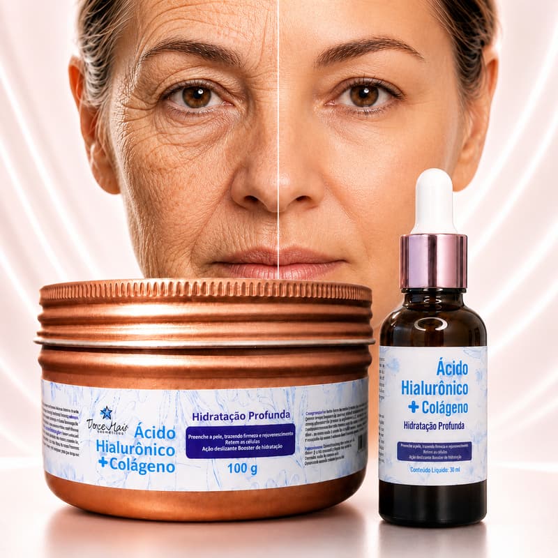 Kit creme acido hialuronico com colágeno + Sérum facial Anti Rugas Linha de Expressão Hidrata Profundamente
