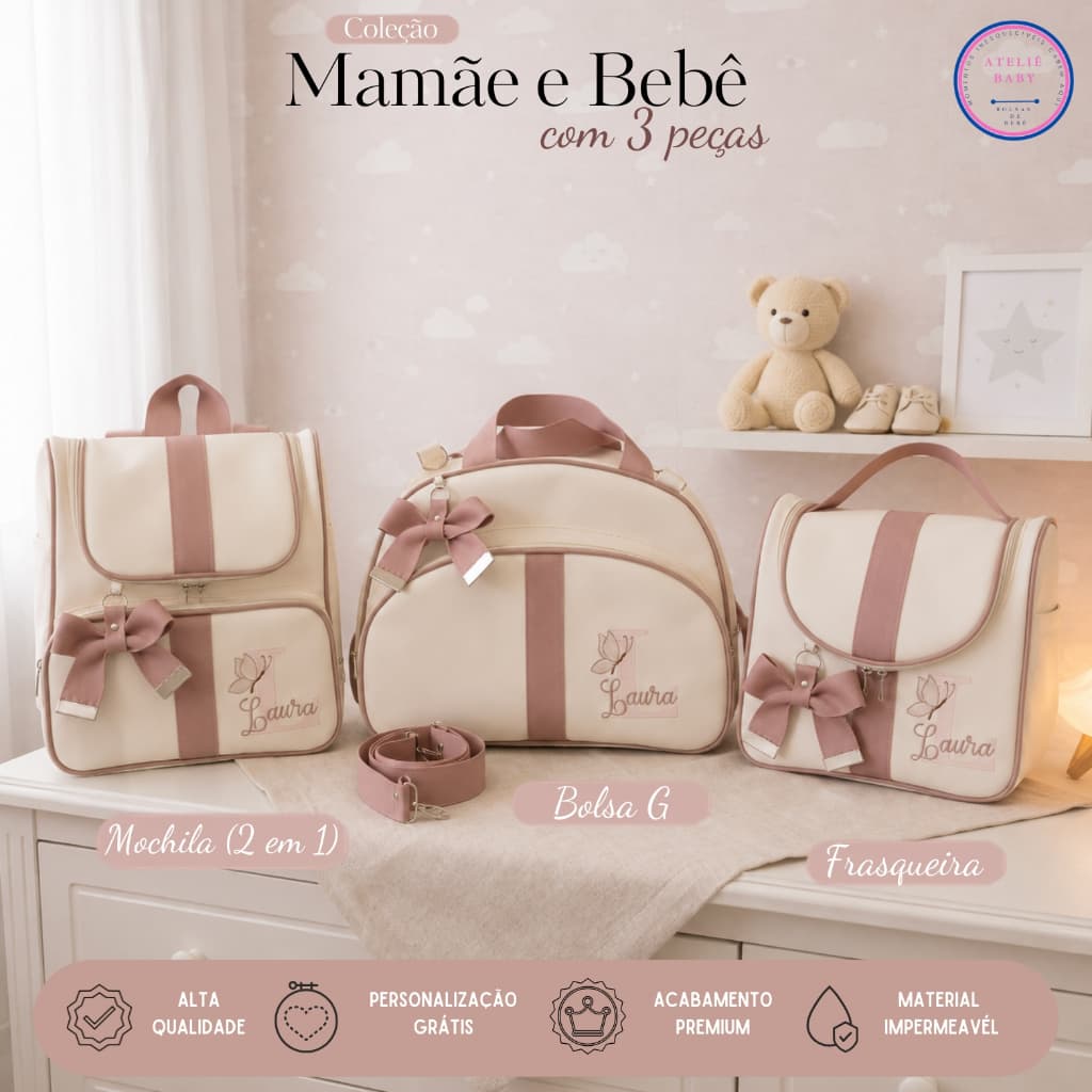 Kit Bolsas Maternidade 3 Peças Personalizada, Térmica e Impermeável | Mamãe e Bebê