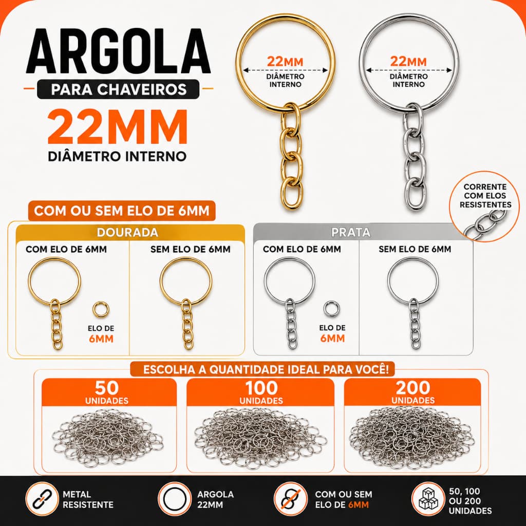 Kit Argola Prata ou Dourada 22mm para Chaveiro com Corrente 50 ate 200 Unidades com ou sem Elo 6mm