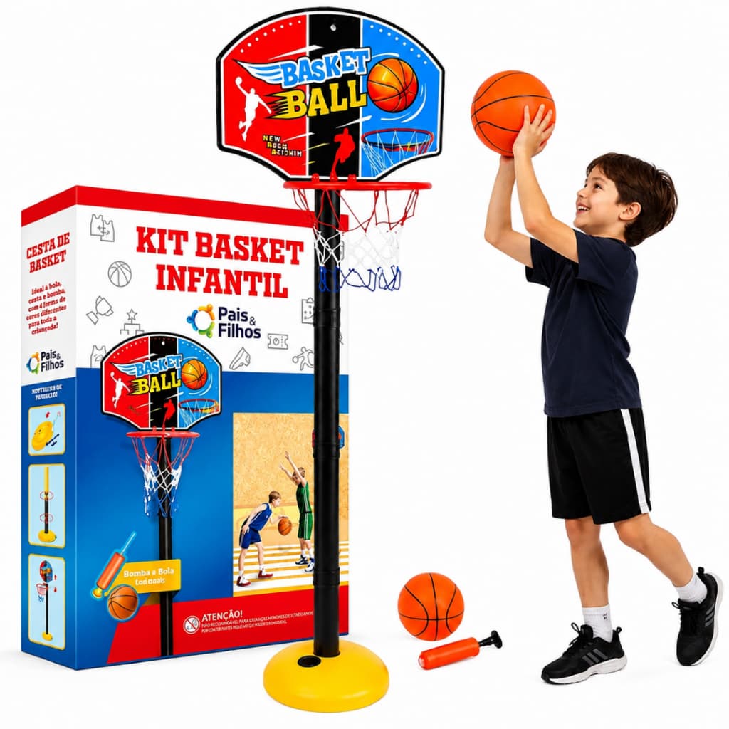 Kit Tabela Cesta Basquete Infantil 118cm Ajustável Bola Bomba Rede Brinquedo Esportivo Para Crianças