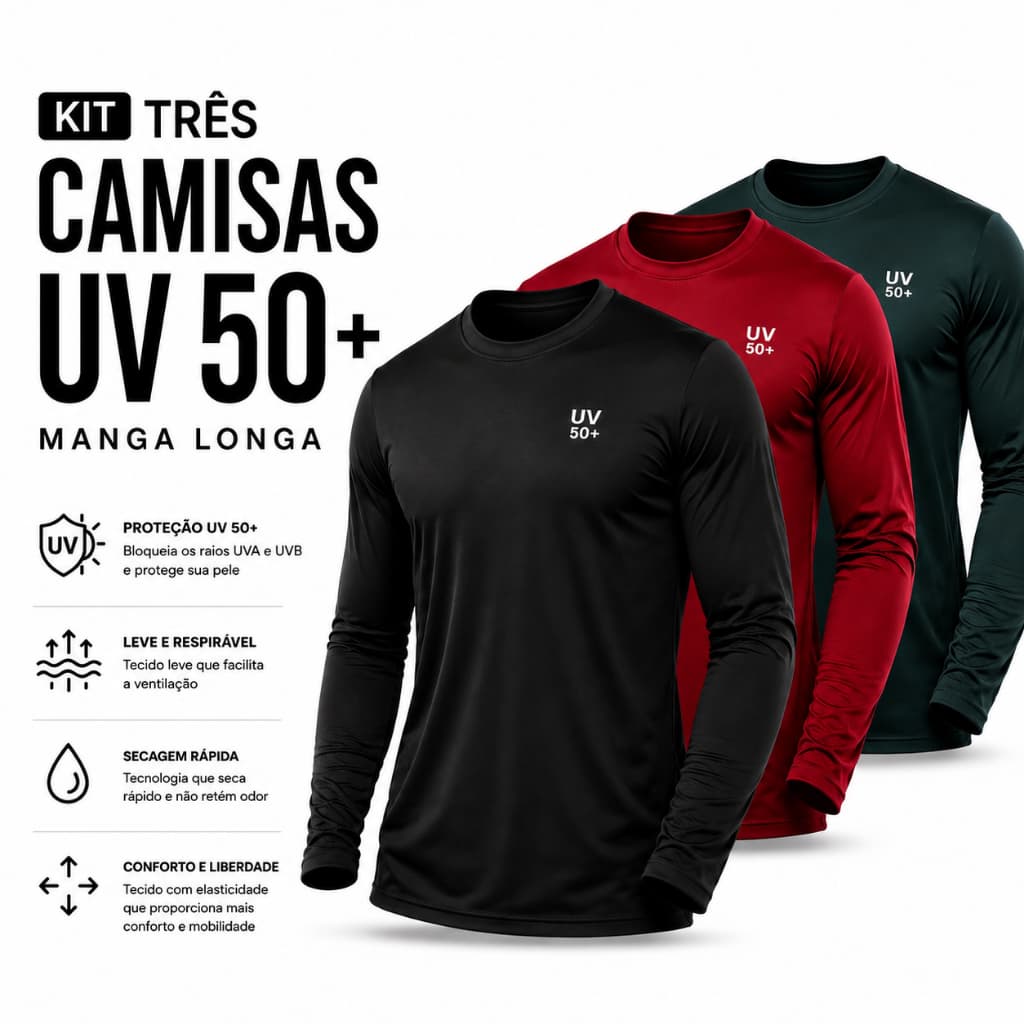 Kit com 3 Camisa Termica Manga Longa UV50+ Malha fria Academia Corrida Trabalho