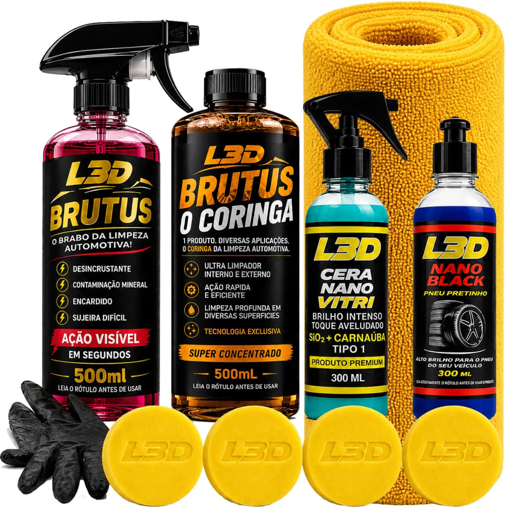 Kit Lavagem Automotiva Shampoo Cera Cristalizadora Pretinho Desengraxante e Desincrustante