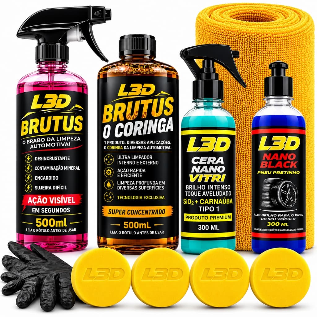 Kit Lavagem Automotiva Shampoo Cera Cristalizadora Pretinho Desengraxante e Desincrustante