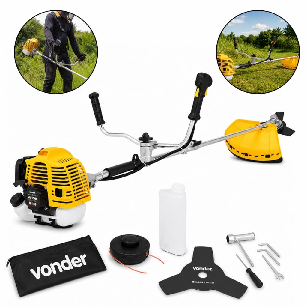 Roçadeira a Gasolina 52cc 1,9cv Dobrável com Lâmina Fio Nylon Grama Jardim Vonder