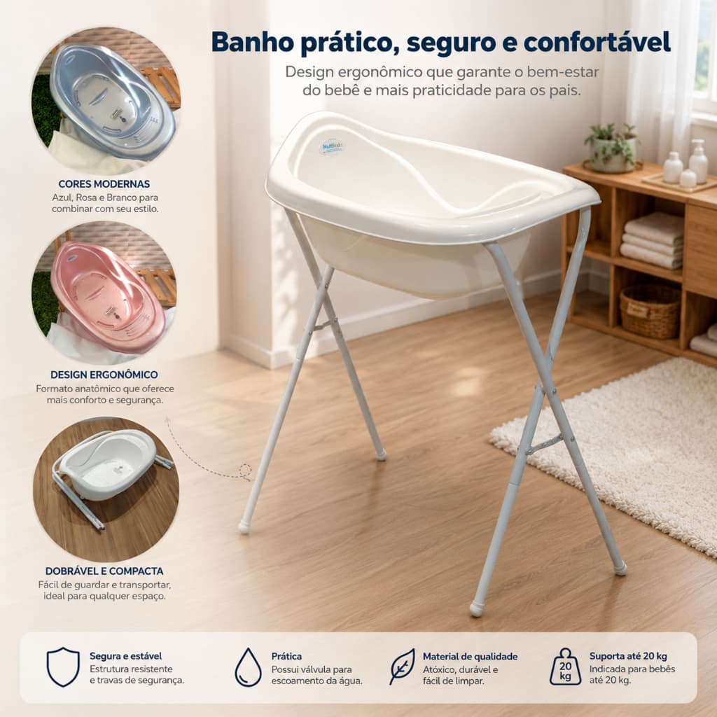 Banheira + Suporte Dobrável para Bebê Tanque Resistente - Barato - Direto da Fábrica