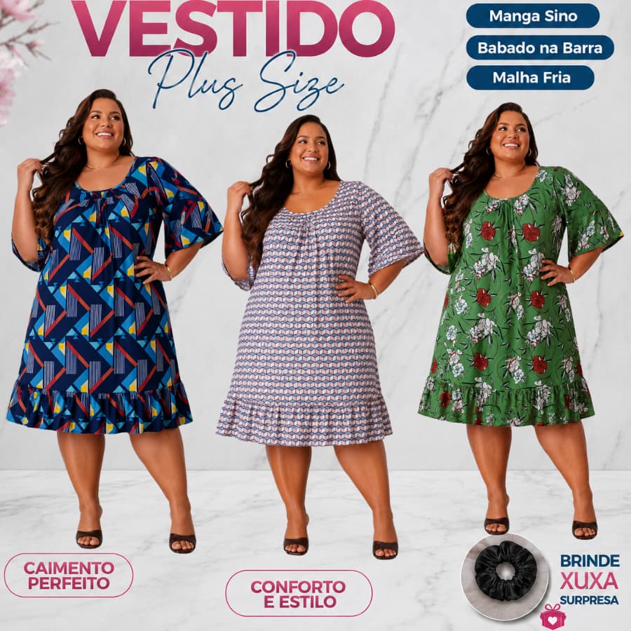 Vestido Feminino Plus Size c/ Babado Manga Sino Midi Liganete Estampado Moda Evangélica
